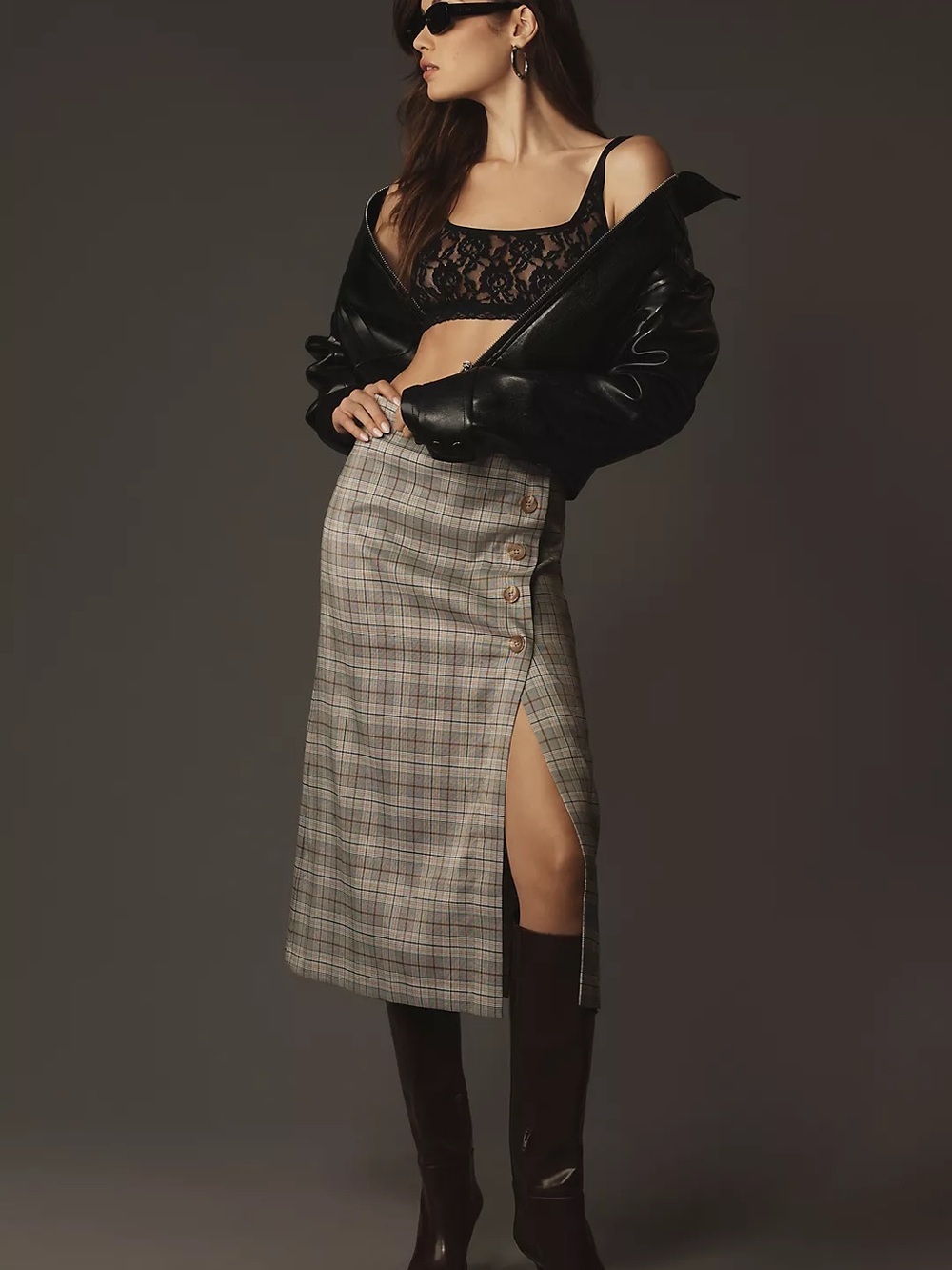 Anthropologie Porridge Plaid Button-Side Slit Midi Skirt